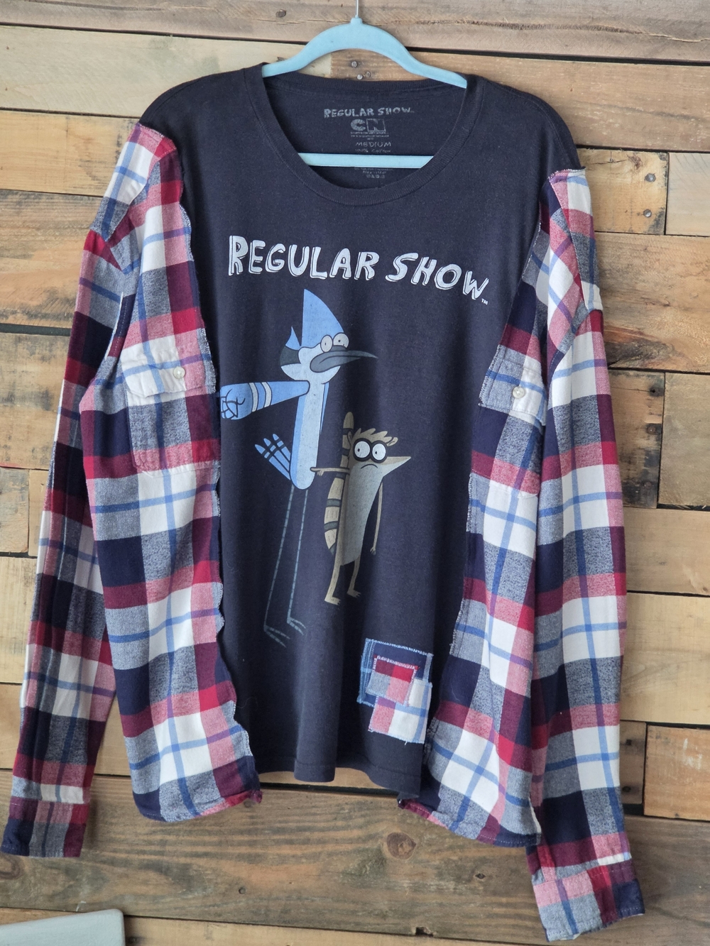 Upcycled Regular Show Graphic Flannel Sleeve Tee .
